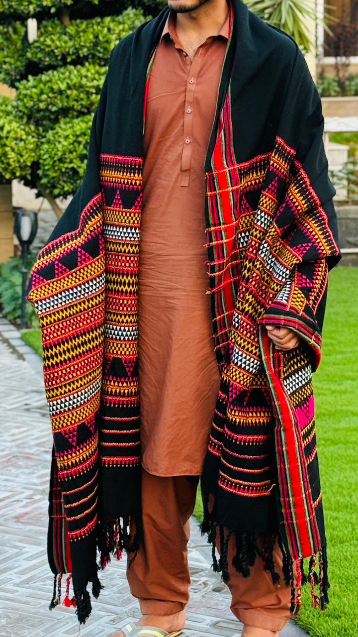 FULL SINDHI STYLE SHAWL BLACK RED